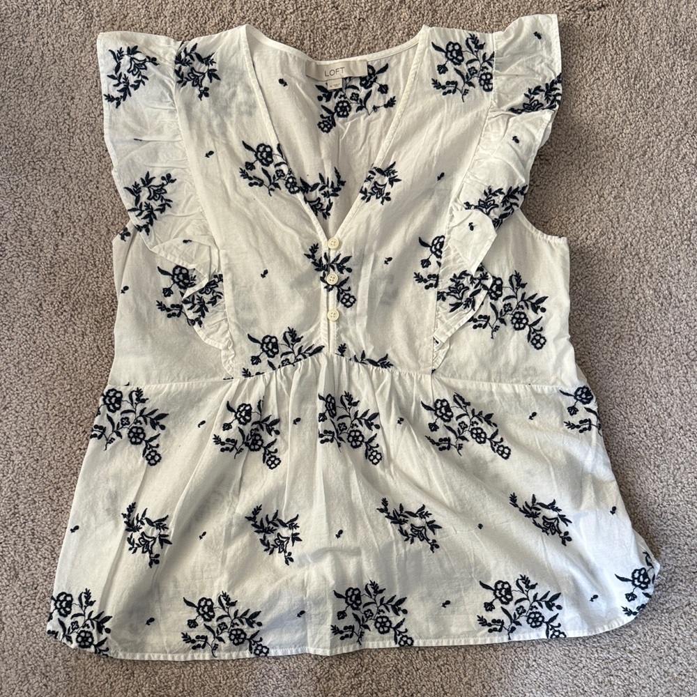 LOFT White Top with Navy Floral Embroidery and Ruffle Sleeves